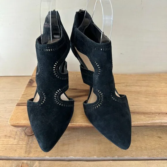 Bella Vista Genuine Leather Suede Black Pumps Sandals 7 Women's Cut Out - Picture 3 of 8